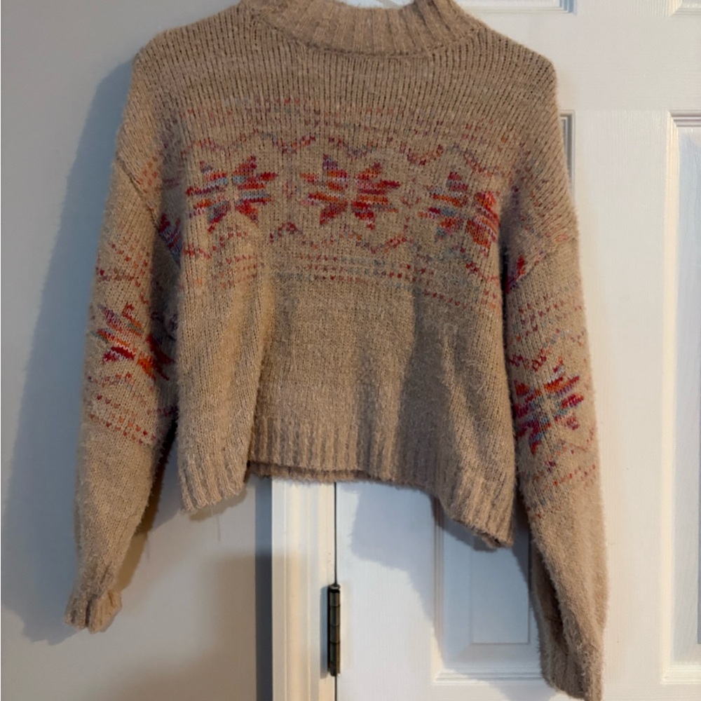 My Michelle Beige and Red/Pink Patterned Cropped Turtleneck Sweater